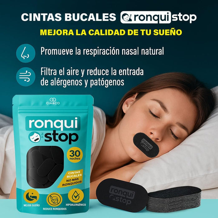Tiras Antironquidos RoquiSTOP de Cia&Co, 30 Unidades para 30 noches. Adhesivo hipoalergénico para evitar ronquidos, favorecer la respiración nasal y mejorar el descanso. Cia&Co - presentacion