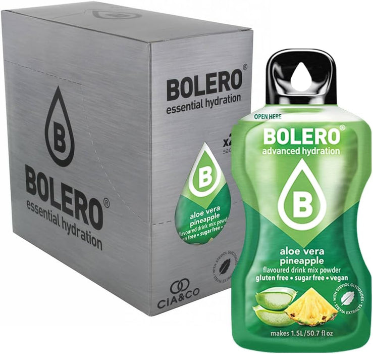 Viaja al trópico con el pack de 24 sobres de bebida Bolero sabor Aloe Vera Piña. Una explosión de sabor sin azúcar. Incluye 30 Pepitas Saludables para un bienestar completo. Cia&Co - extra