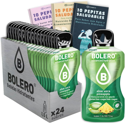 Viaja al trópico con el pack de 24 sobres de bebida Bolero sabor Aloe Vera Piña. Una explosión de sabor sin azúcar. Incluye 30 Pepitas Saludables para un bienestar completo. Cia&Co - frontal