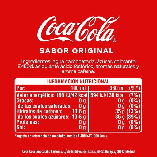 Coca-Cola Sabor Original, pack de 24 latas de 330ml. El refresco de cola icónico para disfrutar en cualquier momento, con su sabor inconfundible desde 1886 y envase reciclable. Coca-Cola - pack