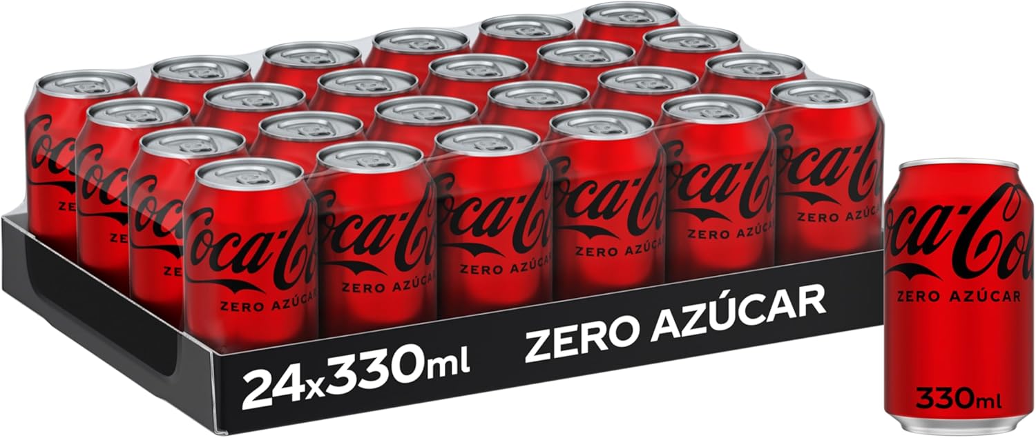 Coca-Cola Zero Azúcar, pack de 24 latas de 330ml. El refresco de cola con todo el sabor original, pero sin azúcar y sin calorías, en un envase 100% reciclable. Coca-Cola - detalle
