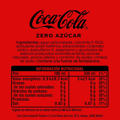 Coca-Cola Zero Azúcar, pack de 24 latas de 330ml. El refresco de cola con todo el sabor original, pero sin azúcar y sin calorías, en un envase 100% reciclable. Coca-Cola - pack