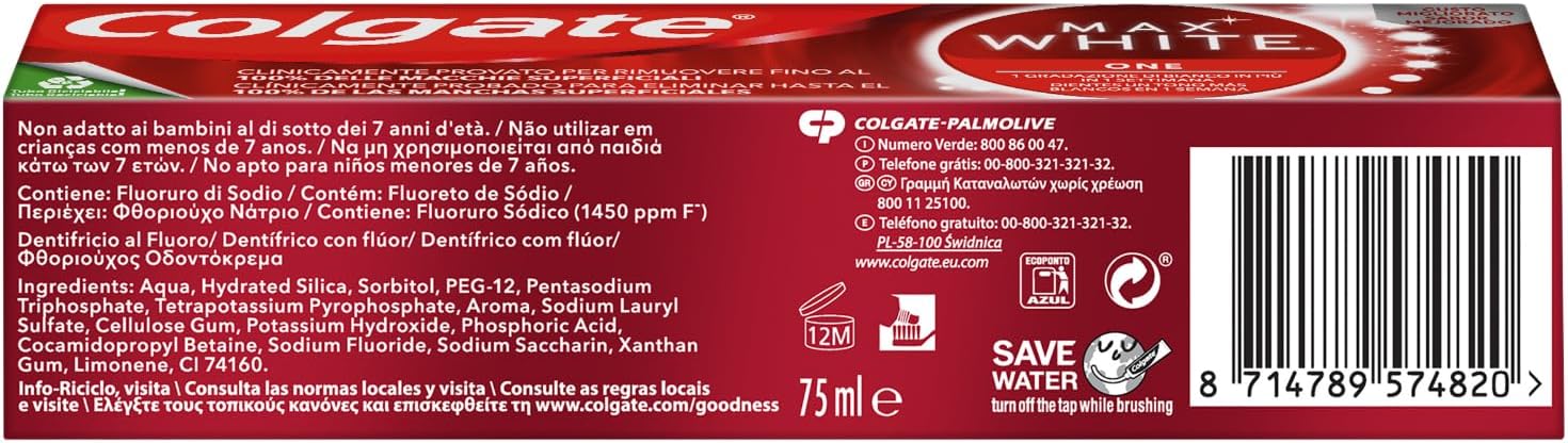 Colgate Max White One, pack de 12 pastas de dientes blanqueadoras (12x75ml). Fórmula clínicamente probada que elimina el 100% de manchas para una sonrisa más blanca. Colgate - detalle