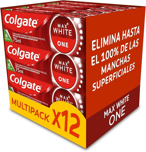 Colgate Max White One, pack de 12 pastas de dientes blanqueadoras (12x75ml). Fórmula clínicamente probada que elimina el 100% de manchas para una sonrisa más blanca. Colgate - frontal