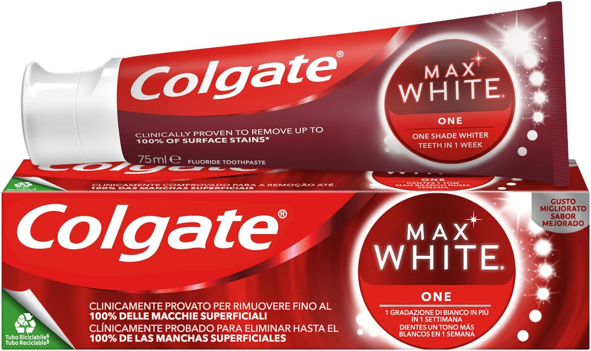 Colgate Max White One, pack de 12 pastas de dientes blanqueadoras (12x75ml). Fórmula clínicamente probada que elimina el 100% de manchas para una sonrisa más blanca. Colgate - pack