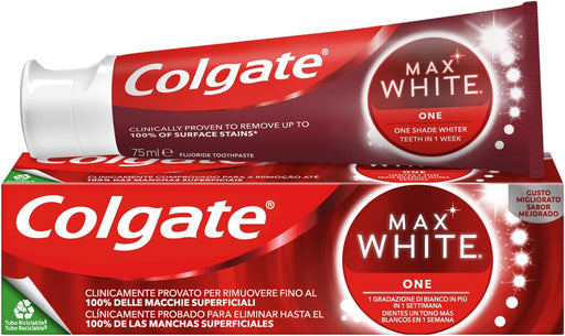 Colgate Max White One, pack de 12 pastas de dientes blanqueadoras (12x75ml). Fórmula clínicamente probada que elimina el 100% de manchas para una sonrisa más blanca. Colgate - pack