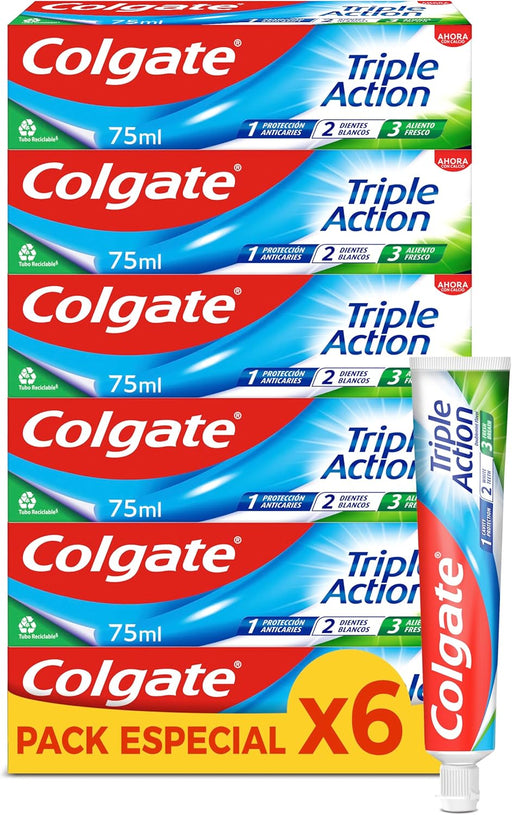 Colgate Triple Acción, pack de 6 pastas de dientes de 75ml. El dentífrico con flúor para toda la familia que protege contra la caries, blanquea los dientes y refresca el aliento. Colgate - frontal
