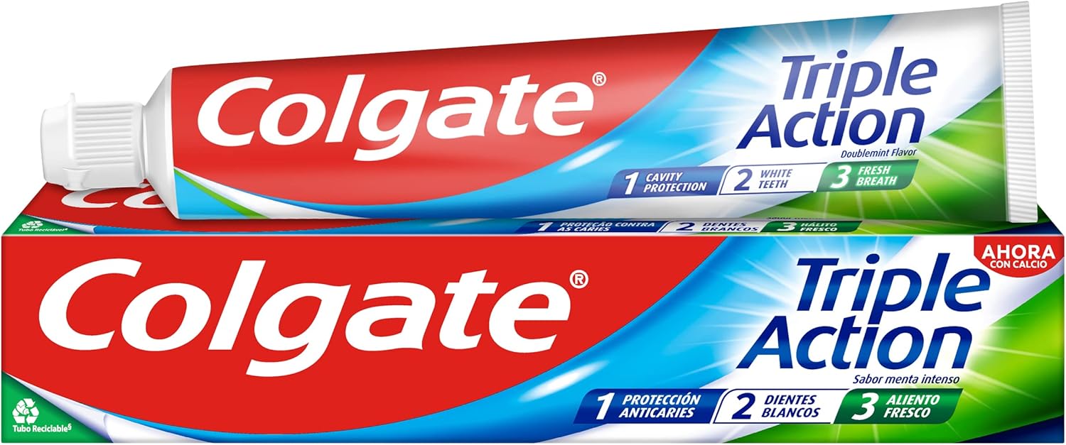 Colgate Triple Acción, pack de 6 pastas de dientes de 75ml. El dentífrico con flúor para toda la familia que protege contra la caries, blanquea los dientes y refresca el aliento. Colgate - pack