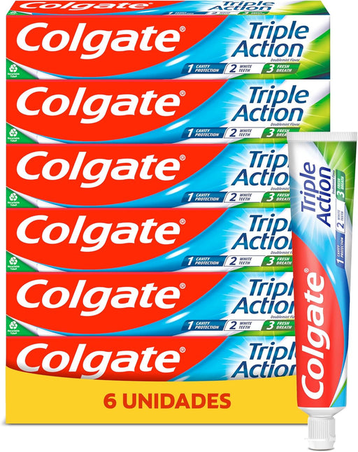 Colgate Triple Acción, Pasta de Dientes con Flúor, Pack de 6 tubos de 75ml. La protección 3 en 1 para tu boca: anticaries, blanqueadora y aliento fresco con sabor a menta. Colgate - frontal