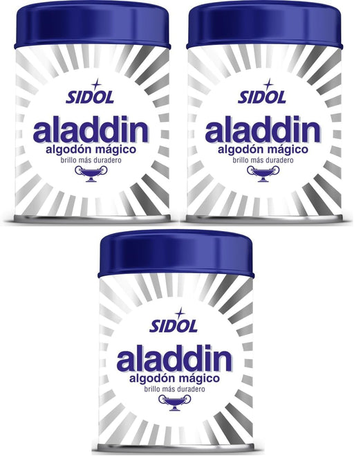 Aladdin Algodón Mágico Limpia Metales, Pack de 3x75g. La solución definitiva para limpiar y abrillantar plata, oro, cromo y otros metales con un brillo espectacular y duradero. Colon - frontal