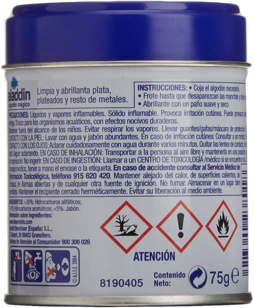 Aladdin Algodón Mágico Limpia Metales, Pack de 3x75g. La solución definitiva para limpiar y abrillantar plata, oro, cromo y otros metales con un brillo espectacular y duradero. Colon - pack