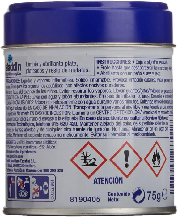 Aladdin Algodón Mágico Limpia Metales, Pack de 3x75g. La solución definitiva para limpiar y abrillantar plata, oro, cromo y otros metales con un brillo espectacular y duradero. Colon - pack