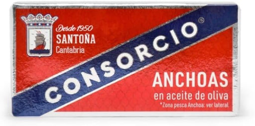 Anchoas de Santoña Consorcio en Aceite de Oliva, pack de 20 latas de 45g. Filetes de anchoa 100% naturales y elaborados artesanalmente para un aperitivo gourmet. Consorcio - frontal