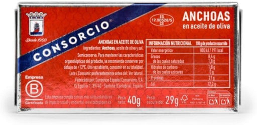 Anchoas de Santoña Consorcio en Aceite de Oliva, pack de 20 latas de 45g. Filetes de anchoa 100% naturales y elaborados artesanalmente para un aperitivo gourmet. Consorcio - pack