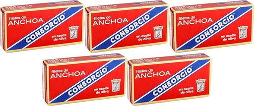 Anchoas del Cantábrico Consorcio en Aceite de Oliva, pack de 5 latas de 45g. Filetes de anchoa elaborados de forma artesanal para un aperitivo gourmet y lleno de tradición. Consorcio - frontal
