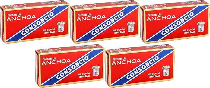 Anchoas del Cantábrico Consorcio en Aceite de Oliva, pack de 5 latas de 45g. Filetes de anchoa elaborados de forma artesanal para un aperitivo gourmet y lleno de tradición. Consorcio - frontal