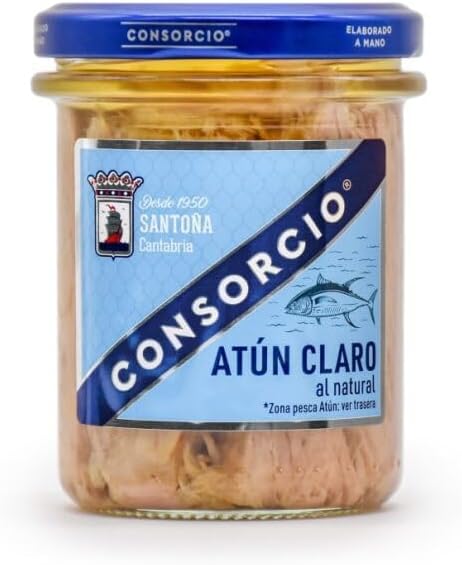 Consorcio Atún Claro en Aceite de Oliva, Pack de 12 Tarros de 195g (Total 2.34kg). Atún de Santoña 100% natural y artesanal, ideal para una despensa familiar completa. Consorcio - frontal
