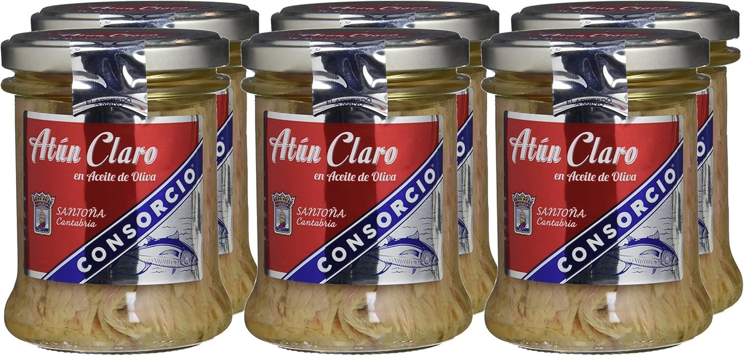 Consorcio Atún Claro en Aceite de Oliva, Pack de 6 Tarros de 195g (Total 1.17kg). Atún de Santoña 100% natural, elaborado artesanalmente y conservado en tarro de cristal. Consorcio - detalle