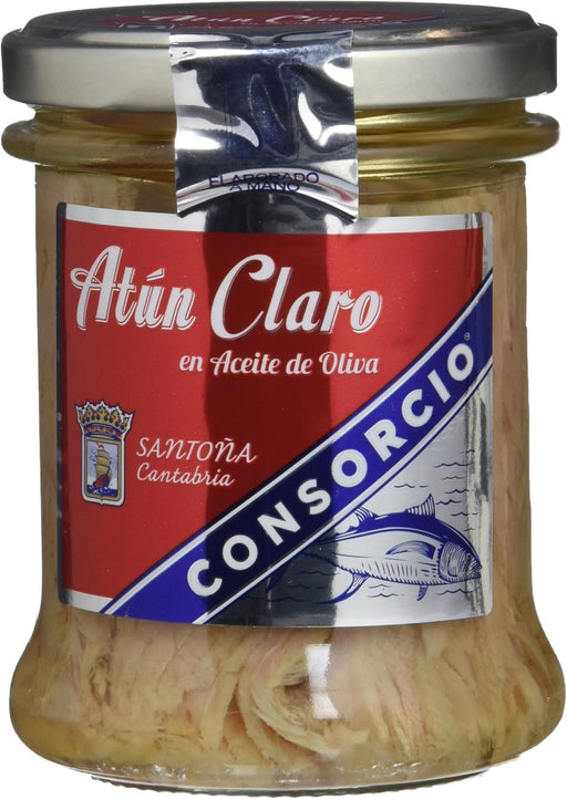 Consorcio Atún Claro en Aceite de Oliva, Pack de 6 Tarros de 195g (Total 1.17kg). Atún de Santoña 100% natural, elaborado artesanalmente y conservado en tarro de cristal. Consorcio - frontal