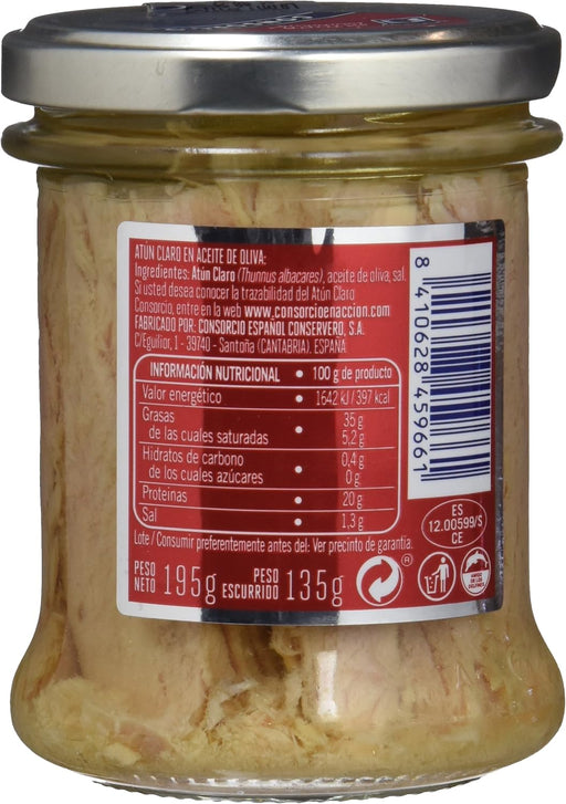 Consorcio Atún Claro en Aceite de Oliva, Pack de 6 Tarros de 195g (Total 1.17kg). Atún de Santoña 100% natural, elaborado artesanalmente y conservado en tarro de cristal. Consorcio - pack