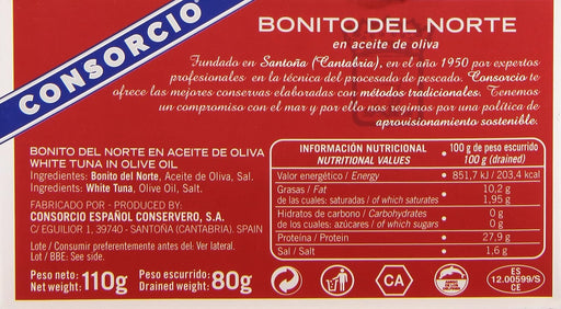 Consorcio Bonito del Norte en Aceite de Oliva, 110g. Un pescado azul saludable y delicioso, rico en Omega 3 y con todo el sabor del Mediterráneo, listo para consumir. Consorcio - pack