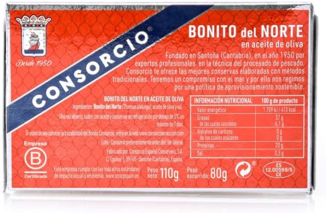 Consorcio Bonito del Norte en Aceite de Oliva, Pack Ahorro de 16 Latas de 110g (Total 1.76kg). Calidad gourmet de Santoña para tu despensa, 100% natural y artesanal. Consorcio - detalle