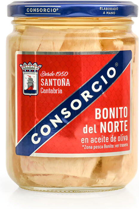 Consorcio Bonito del Norte en Aceite de Oliva, Pack de 12 Tarros de 400g (2.28kg neto escurrido). Elaborado y envasado artesanalmente en Santoña, 100% natural y de calidad superior. Consorcio - frontal