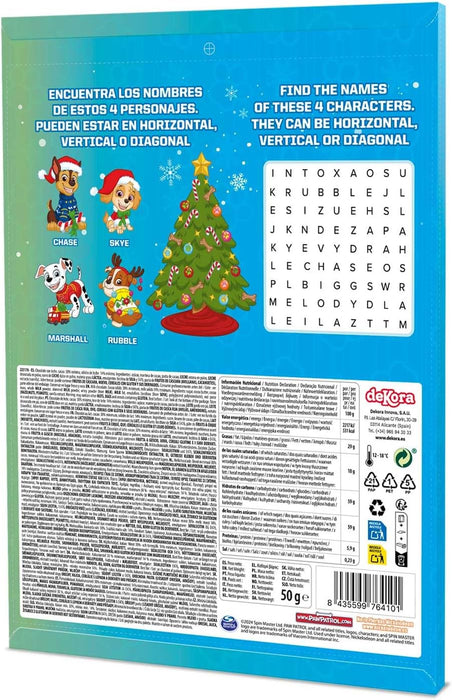 Dekora Calendario de Adviento de la Patrulla Canina con Guirnalda, 50g. Una cuenta atrás 2 en 1 con 24 chocolatinas y una guirnalda para decorar en Navidad. Dekora - detalle