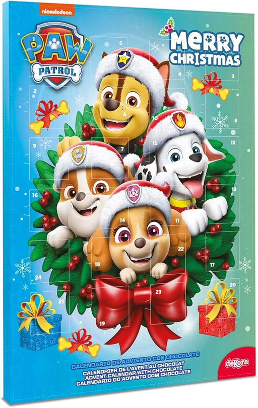 Dekora Calendario de Adviento de la Patrulla Canina con Guirnalda, 50g. Una cuenta atrás 2 en 1 con 24 chocolatinas y una guirnalda para decorar en Navidad. Dekora - frontal