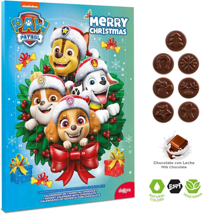 Dekora Calendario de Adviento de la Patrulla Canina con Guirnalda, 50g. Una cuenta atrás 2 en 1 con 24 chocolatinas y una guirnalda para decorar en Navidad. Dekora - ingredientes