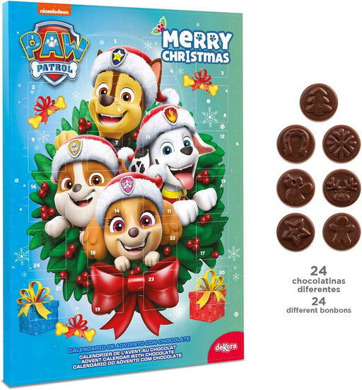 Dekora Calendario de Adviento de la Patrulla Canina con Guirnalda, 50g. Una cuenta atrás 2 en 1 con 24 chocolatinas y una guirnalda para decorar en Navidad. Dekora - pack