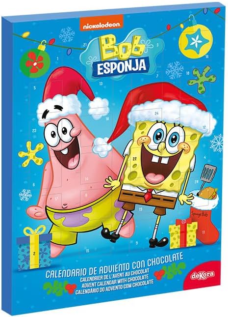 Dekora Calendario de Adviento Infantil de Bob Esponja, 50g. Una Navidad en Fondo de Bikini con 24 deliciosas chocolatinas de chocolate con leche y colorantes naturales. Dekora - frontal