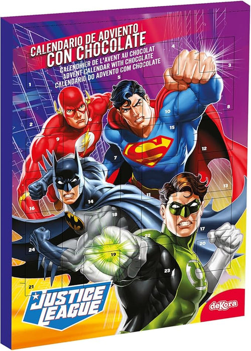 Dekora Calendario de Adviento Infantil de La Liga de la Justicia, 50g. Una cuenta atrás para la Navidad con Superman, Batman y 24 chocolatinas sin gluten. Dekora - frontal