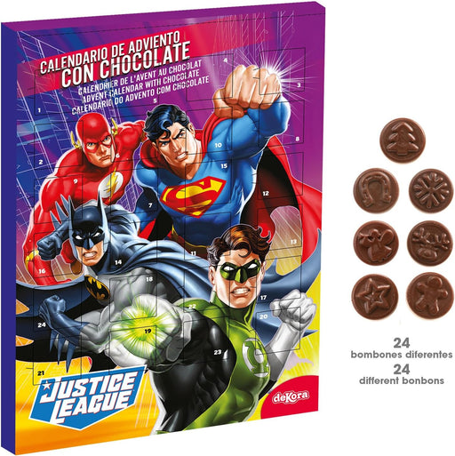 Dekora Calendario de Adviento Infantil de La Liga de la Justicia, 50g. Una cuenta atrás para la Navidad con Superman, Batman y 24 chocolatinas sin gluten. Dekora - pack