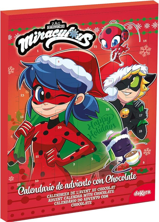 Dekora Calendario de Adviento Infantil de Miraculous Ladybug, 50g. Una prodigiosa cuenta atrás para la Navidad en París con 24 chocolatinas de chocolate con leche. Dekora - frontal