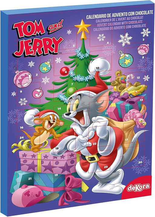 Dekora Calendario de Adviento Infantil de Tom y Jerry, 50g. La cuenta atrás más divertida para la Navidad con 24 chocolatinas de chocolate con leche sin gluten. Dekora - frontal