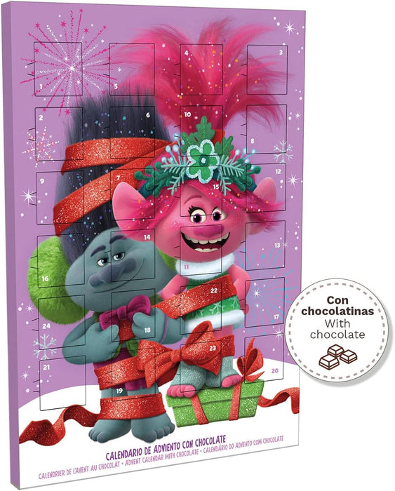 Dekora Calendario de Adviento Infantil de Trolls, 50g. Una cuenta atrás llena de color y música con Poppy, Branch y 24 deliciosas chocolatinas de chocolate con leche sin gluten. Dekora - detalle