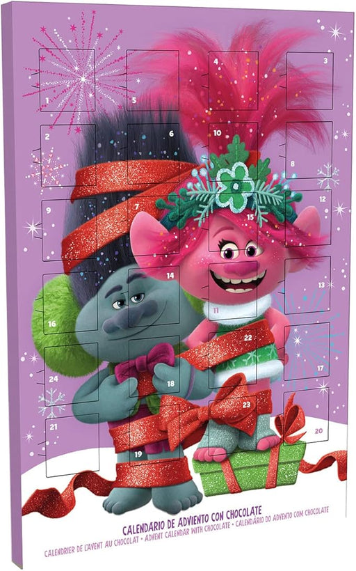 Dekora Calendario de Adviento Infantil de Trolls, 50g. Una cuenta atrás llena de color y música con Poppy, Branch y 24 deliciosas chocolatinas de chocolate con leche sin gluten. Dekora - frontal