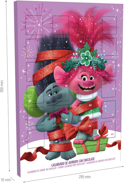 Dekora Calendario de Adviento Infantil de Trolls, 50g. Una cuenta atrás llena de color y música con Poppy, Branch y 24 deliciosas chocolatinas de chocolate con leche sin gluten. Dekora - pack