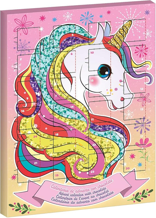 Dekora Calendario de Adviento Infantil de Unicornio, 50g. Un calendario navideño de fantasía con 24 deliciosas chocolatinas de chocolate con leche sin gluten. Dekora - frontal