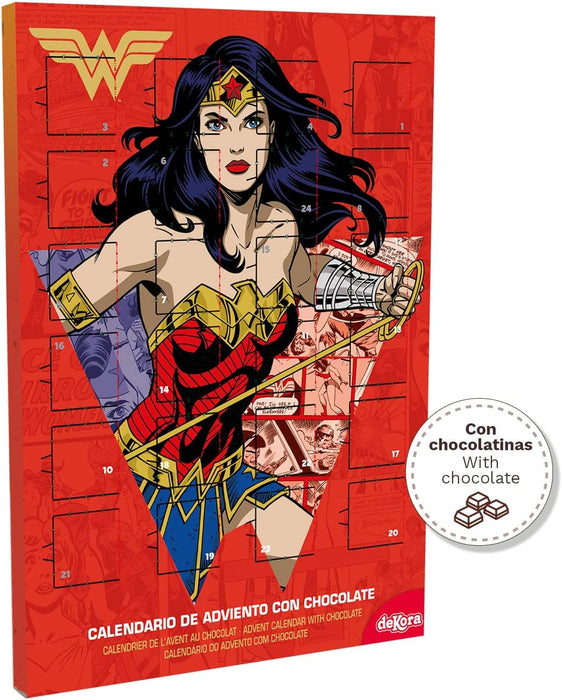 Dekora Calendario de Adviento Infantil de Wonder Woman, 50g. Una cuenta atrás heroica para la Navidad con la superheroína de DC Comics y 24 chocolatinas sin gluten. Dekora - detalle