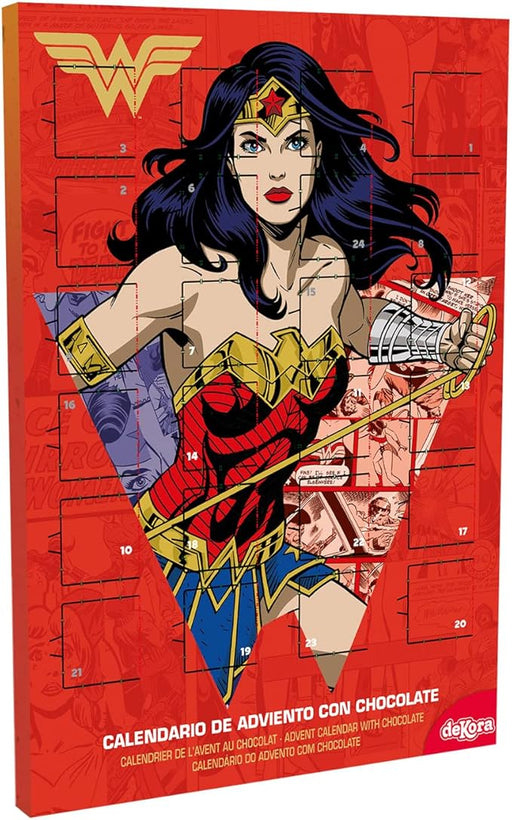 Dekora Calendario de Adviento Infantil de Wonder Woman, 50g. Una cuenta atrás heroica para la Navidad con la superheroína de DC Comics y 24 chocolatinas sin gluten. Dekora - frontal