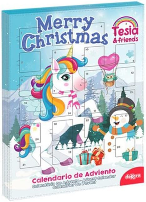 Dekora Calendario de Adviento Infantil Unicornio TESIA, 50g. Una mágica cuenta atrás para la Navidad con 24 deliciosas chocolatinas de chocolate con leche sin gluten. Dekora - frontal