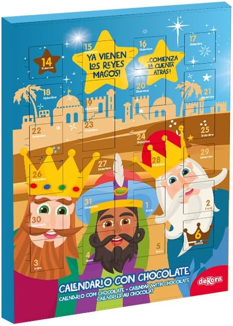 Dekora Calendario de Adviento "Llegan los Reyes Magos", 50g. Una cuenta atrás tradicional con 24 deliciosas chocolatinas de chocolate con leche sin gluten. Dekora - frontal