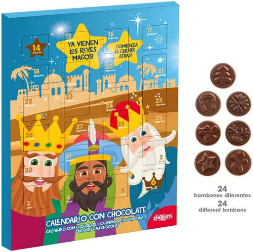 Dekora Calendario de Adviento "Llegan los Reyes Magos", 50g. Una cuenta atrás tradicional con 24 deliciosas chocolatinas de chocolate con leche sin gluten. Dekora - pack