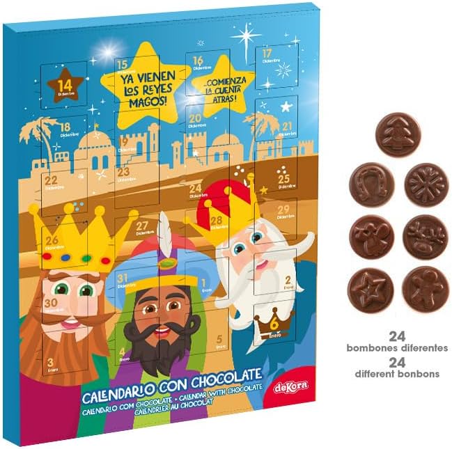 Dekora Calendario de Adviento "Llegan los Reyes Magos", 50g. Una cuenta atrás tradicional con 24 deliciosas chocolatinas de chocolate con leche sin gluten. Dekora - pack