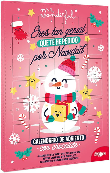 Dekora Calendario de Adviento Mr. Wonderful, 50g. Una cuenta atrás para la Navidad con 24 chocolatinas, mensajes positivos y el diseño más genial y divertido. Dekora - frontal