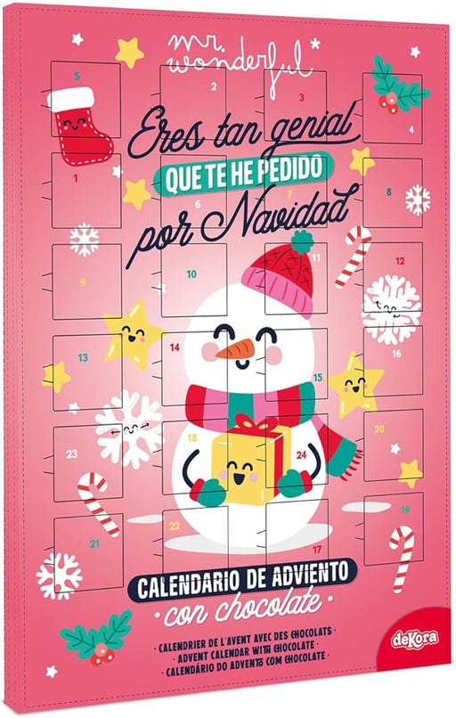 Dekora Calendario de Adviento Mr. Wonderful, 50g. Una cuenta atrás para la Navidad con 24 chocolatinas, mensajes positivos y el diseño más genial y divertido. Dekora - frontal