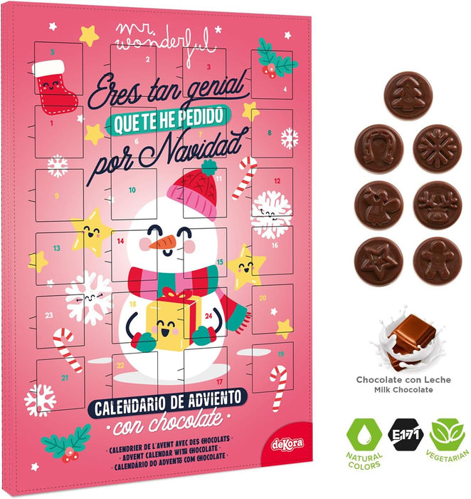 Dekora Calendario de Adviento Mr. Wonderful, 50g. Una cuenta atrás para la Navidad con 24 chocolatinas, mensajes positivos y el diseño más genial y divertido. Dekora - ingredientes