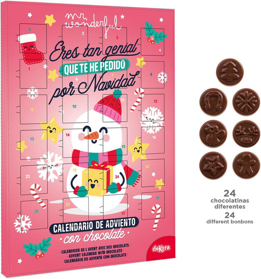 Dekora Calendario de Adviento Mr. Wonderful, 50g. Una cuenta atrás para la Navidad con 24 chocolatinas, mensajes positivos y el diseño más genial y divertido. Dekora - pack